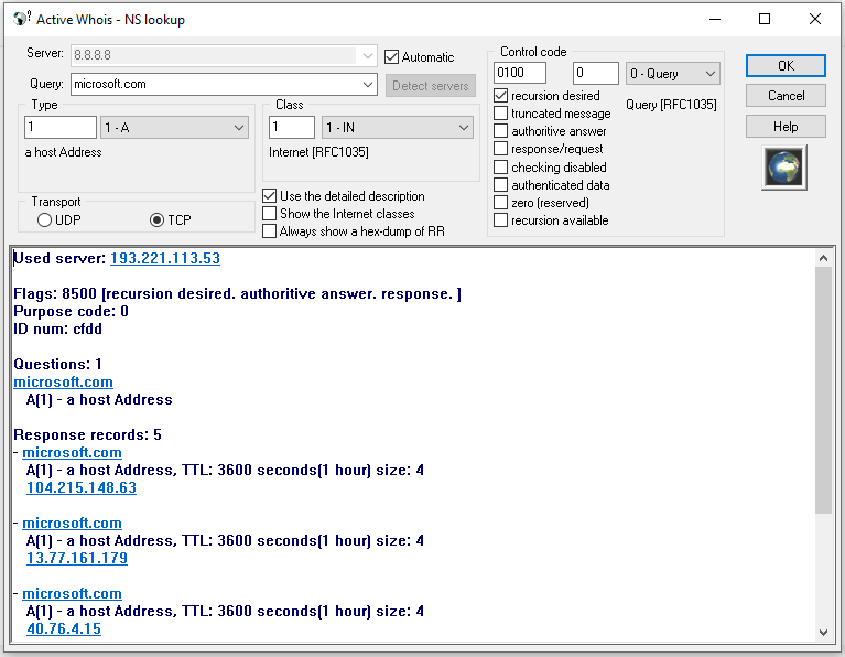 Active Whois Nslookup(dig) dns server on Windows 10