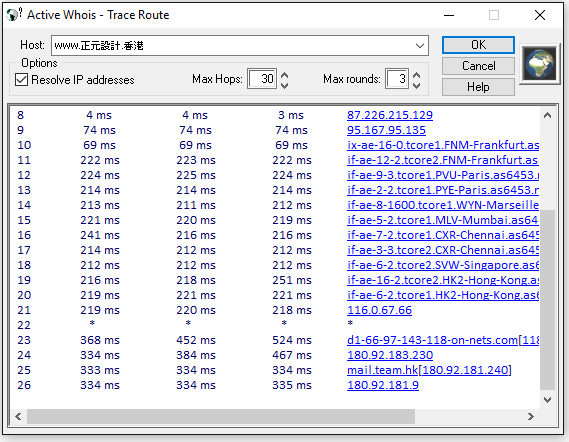 Traceroute cmd to idn address with Active Whois on Windows 10